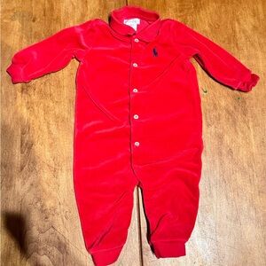 🎄 Ralph Lauren Vibrant Red Velour Holiday One Piece - 9M